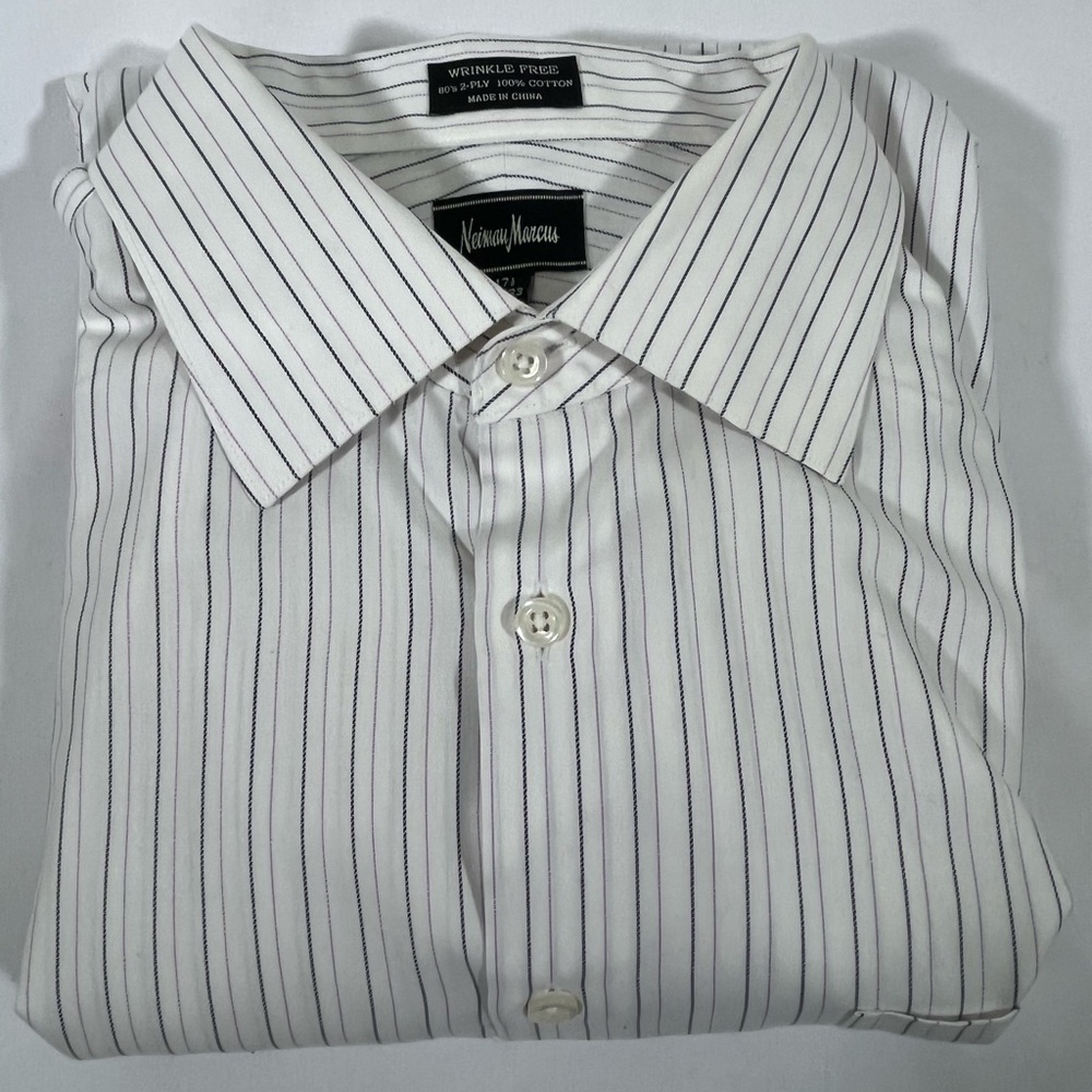 Neiman Marcus Dress Shirt Men 17.5 32/33 White Striped‎ 100% Cotton Button Up